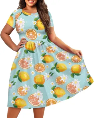 GLUDEAR Women Lemon Summer Fruit Printed Plus Size Scoop Neck Short Sleeve A-Line Beach Swing Dress