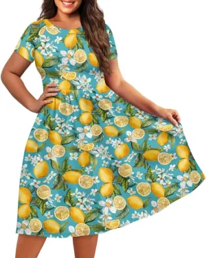 GLUDEAR Women Lemon Summer Fruit Printed Plus Size Scoop Neck Short Sleeve A-Line Beach Swing Dress