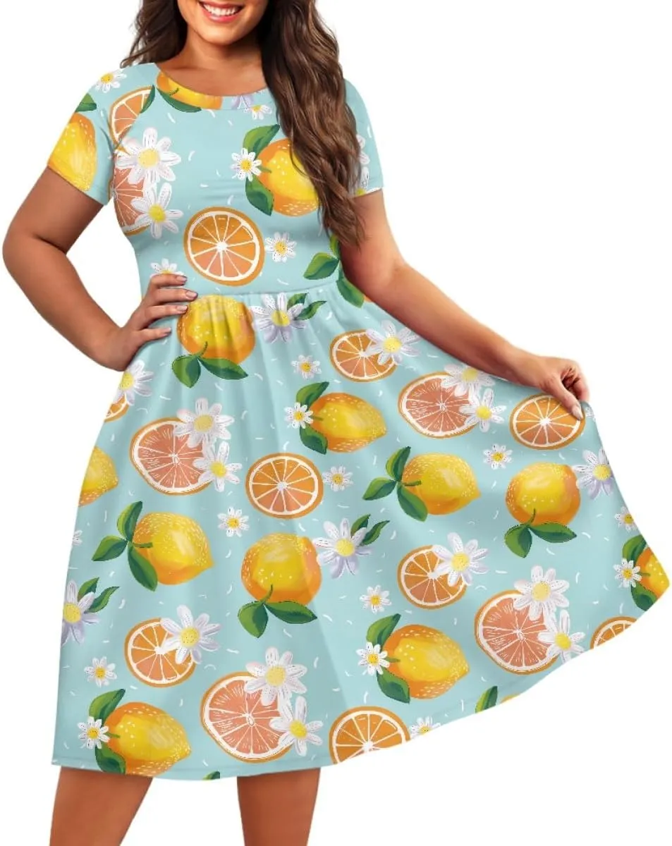 GLUDEAR Women Lemon Summer Fruit Printed Plus Size Scoop Neck Short Sleeve A-Line Beach Swing Dress