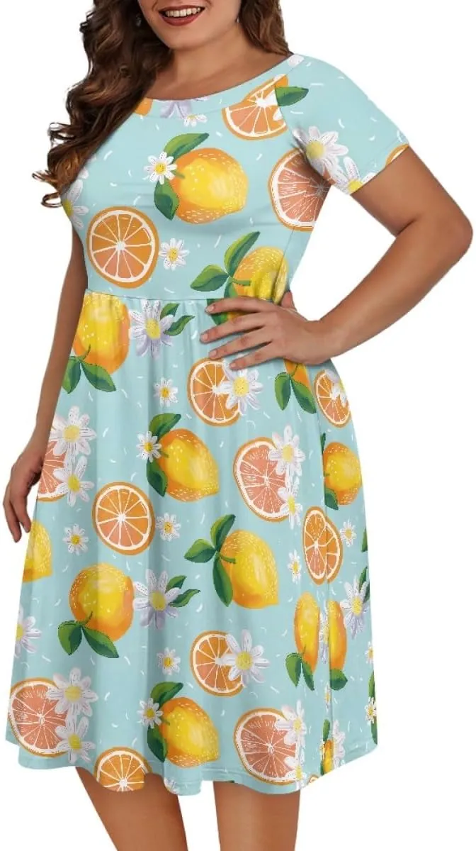 GLUDEAR Women Lemon Summer Fruit Printed Plus Size Scoop Neck Short Sleeve A-Line Beach Swing Dress