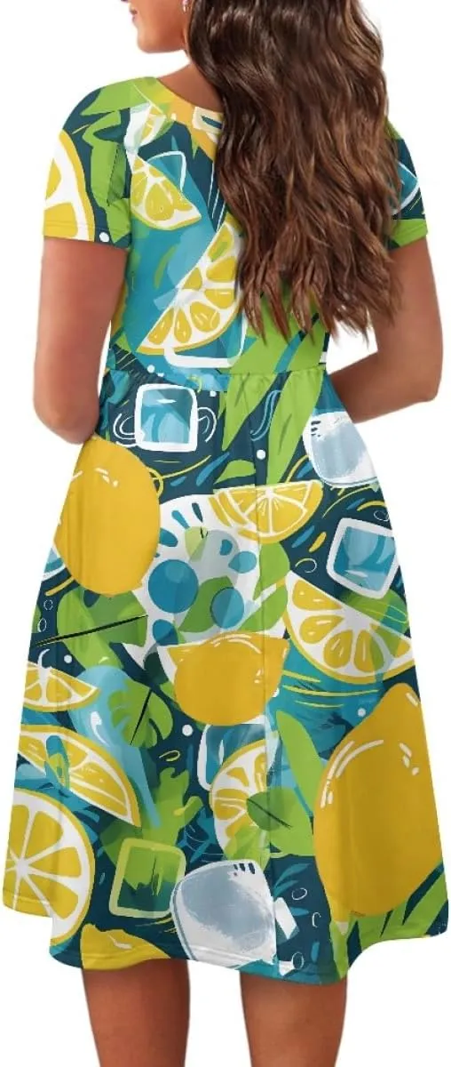 GLUDEAR Women Lemon Summer Fruit Printed Plus Size Scoop Neck Short Sleeve A-Line Beach Swing Dress