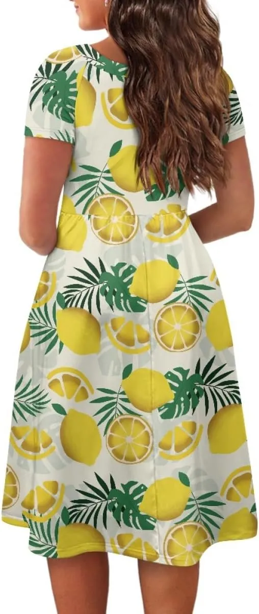 GLUDEAR Women Lemon Summer Fruit Printed Plus Size Scoop Neck Short Sleeve A-Line Beach Swing Dress