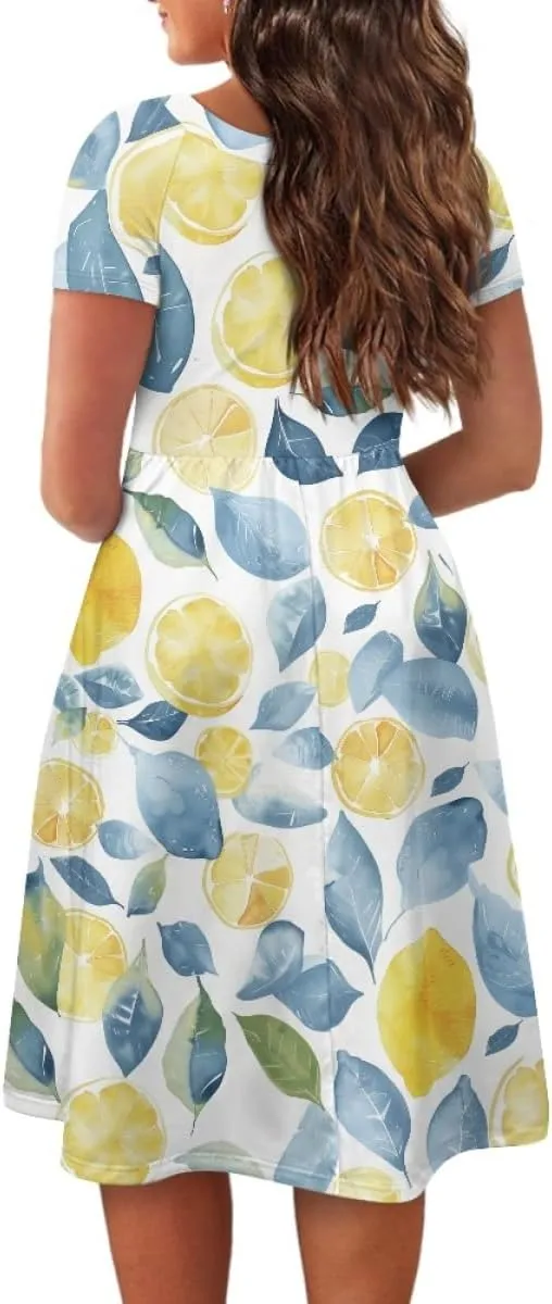 GLUDEAR Women Lemon Summer Fruit Printed Plus Size Scoop Neck Short Sleeve A-Line Beach Swing Dress
