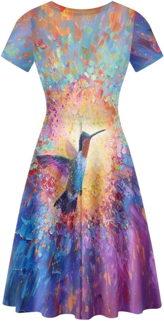 GLUDEAR Women's Short Sleeve Unique Black Sun Moon Stars Galaxy Print Casual Flared Midi Dress S-4XL