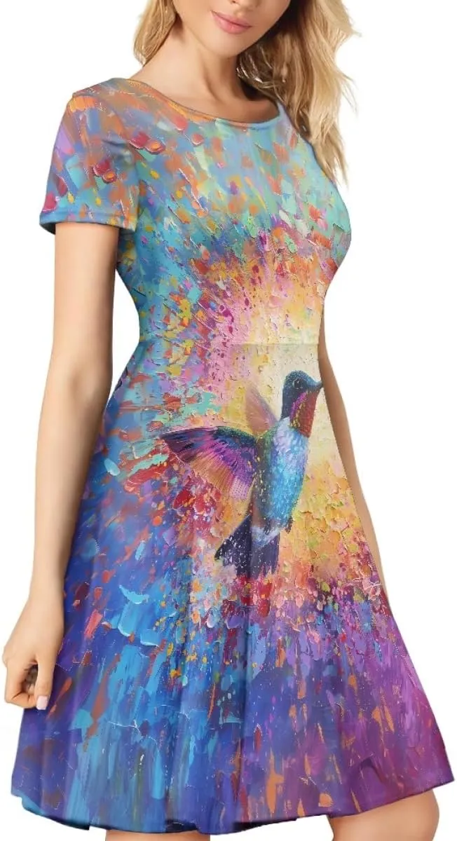 GLUDEAR Women's Short Sleeve Unique Black Sun Moon Stars Galaxy Print Casual Flared Midi Dress S-4XL