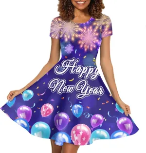 GLUDEAR Women's Short Sleeve Unique Black Sun Moon Stars Galaxy Print Casual Flared Midi Dress S-4XL