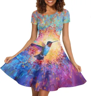 GLUDEAR Women's Short Sleeve Unique Black Sun Moon Stars Galaxy Print Casual Flared Midi Dress S-4XL