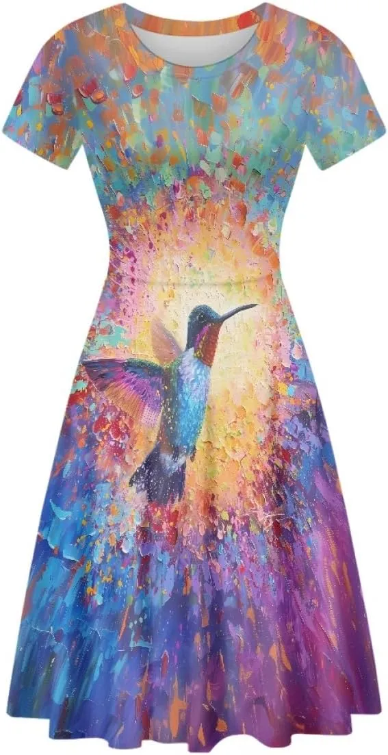 GLUDEAR Women's Short Sleeve Unique Black Sun Moon Stars Galaxy Print Casual Flared Midi Dress S-4XL