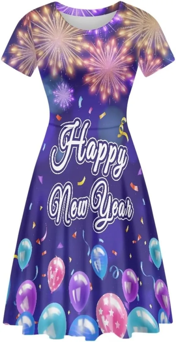 GLUDEAR Women's Short Sleeve Unique Black Sun Moon Stars Galaxy Print Casual Flared Midi Dress S-4XL