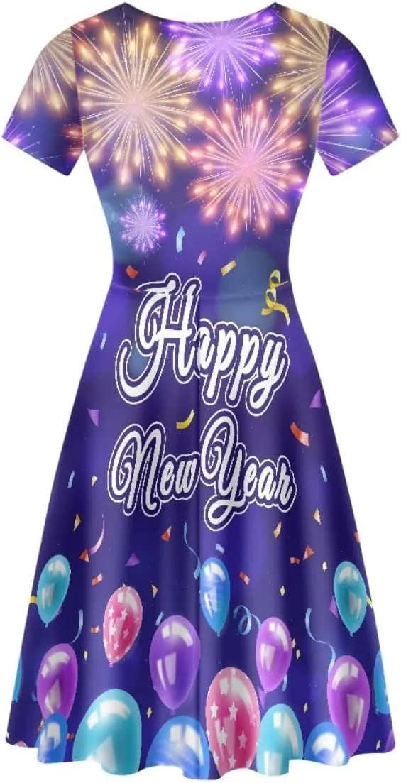 GLUDEAR Women's Short Sleeve Unique Black Sun Moon Stars Galaxy Print Casual Flared Midi Dress S-4XL