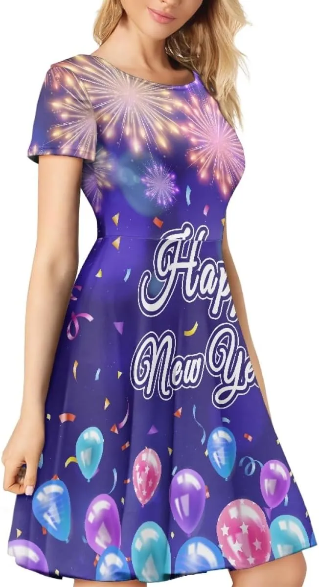 GLUDEAR Women's Short Sleeve Unique Black Sun Moon Stars Galaxy Print Casual Flared Midi Dress S-4XL