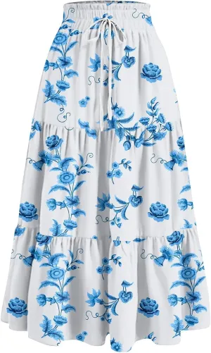 GOFULY Womens Maxi Skirts Long Summer Drawstring Elastic High Waist Cute Skirts A Line Floral Print Pleated Tiered Soft Skirt