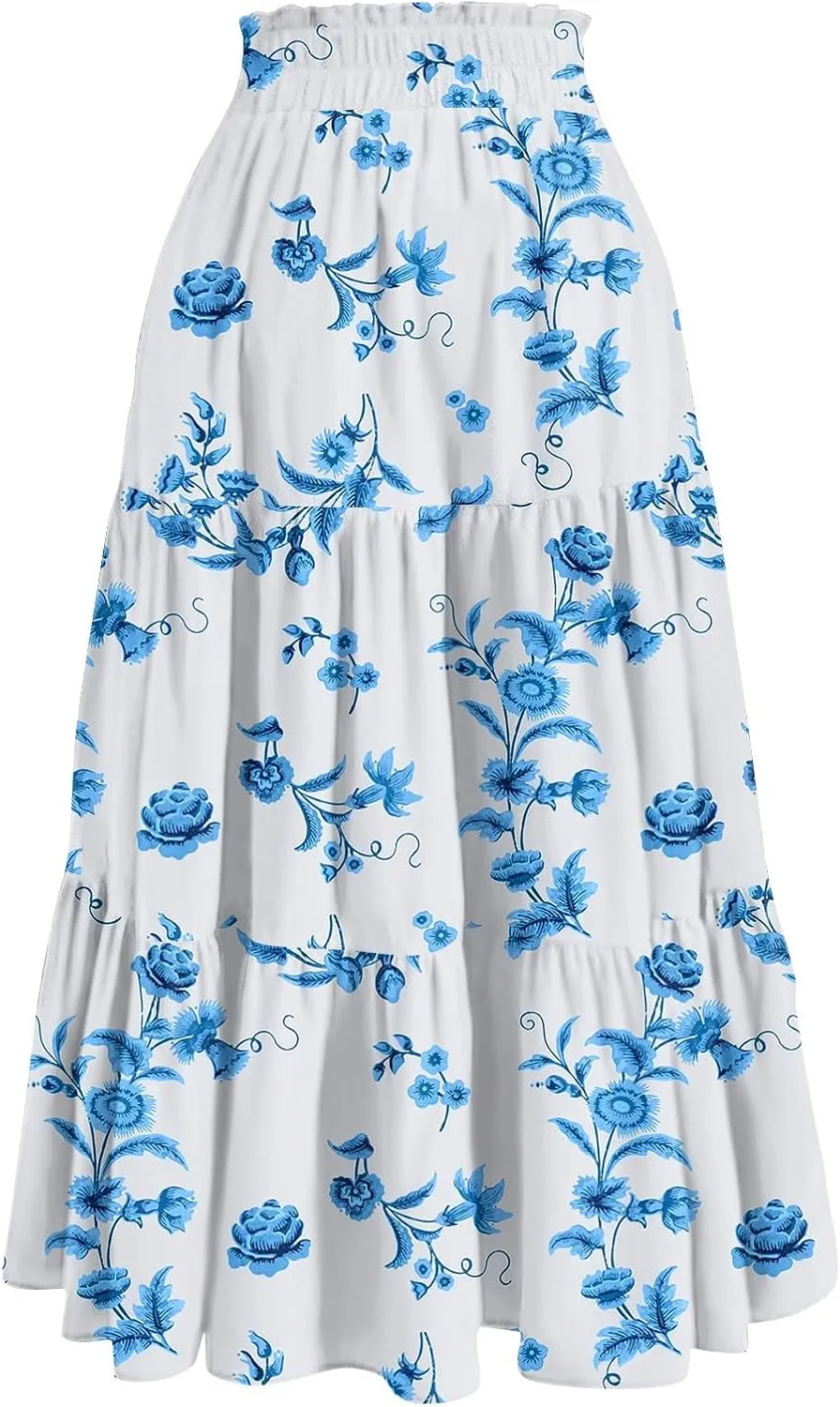 GOFULY Womens Maxi Skirts Long Summer Drawstring Elastic High Waist Cute Skirts A Line Floral Print Pleated Tiered Soft Skirt