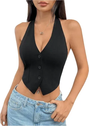GORGLITTER Women's Button Down Halter Vest Tie Backless Sleeveless Waistcoat Vests