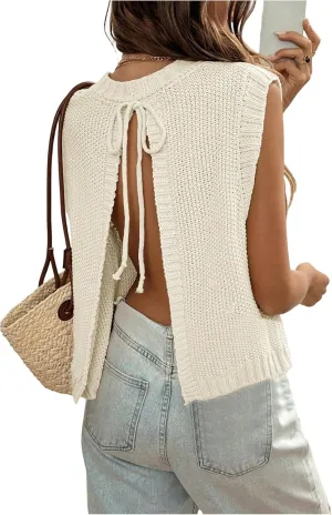 GORGLITTER Women's Cropped Backless Crochet Vest Open Back Tie Sweater Tank Tops