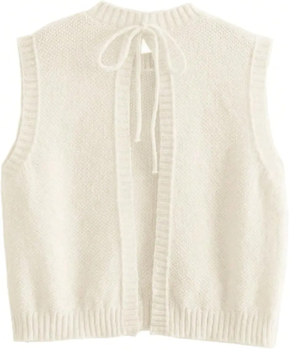 GORGLITTER Women's Cropped Backless Crochet Vest Open Back Tie Sweater Tank Tops