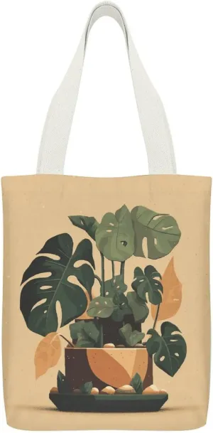 Gray Monstera Plant Canvas Tote Bag Reusable Grocery Shopping Bags Plain Tote Bag for Beach Trips Work