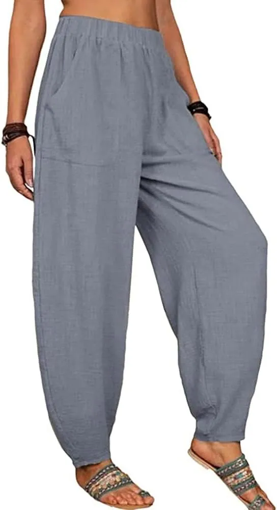 Guteidee Womens Cotton Blend Harem Beach Lightweight Tapered Baggy Pants Summer