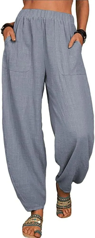Guteidee Womens Cotton Blend Harem Beach Lightweight Tapered Baggy Pants Summer