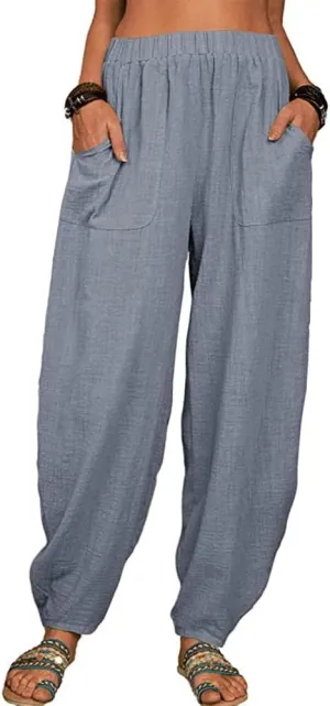 Guteidee Womens Cotton Blend Harem Beach Lightweight Tapered Baggy Pants Summer