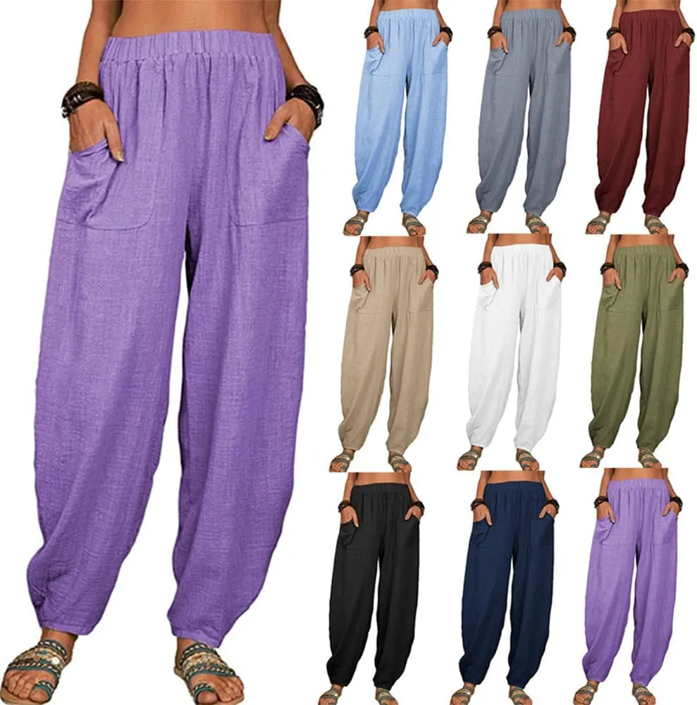 Guteidee Womens Cotton Blend Harem Beach Lightweight Tapered Baggy Pants Summer
