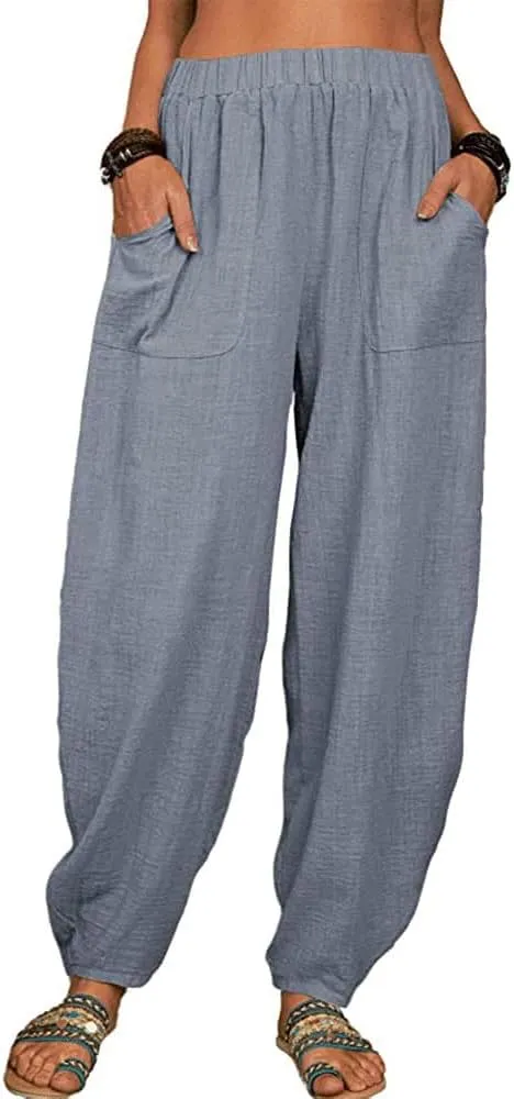 Guteidee Womens Cotton Blend Harem Beach Lightweight Tapered Baggy Pants Summer