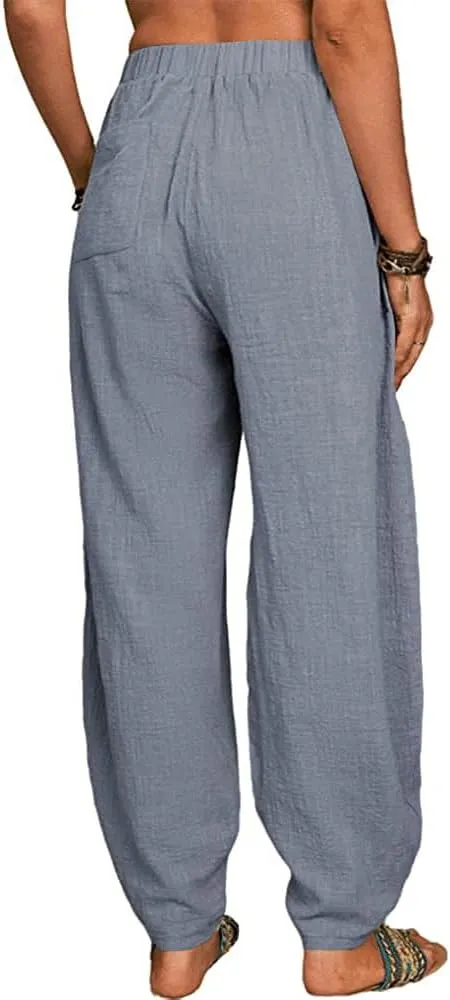 Guteidee Womens Cotton Blend Harem Beach Lightweight Tapered Baggy Pants Summer