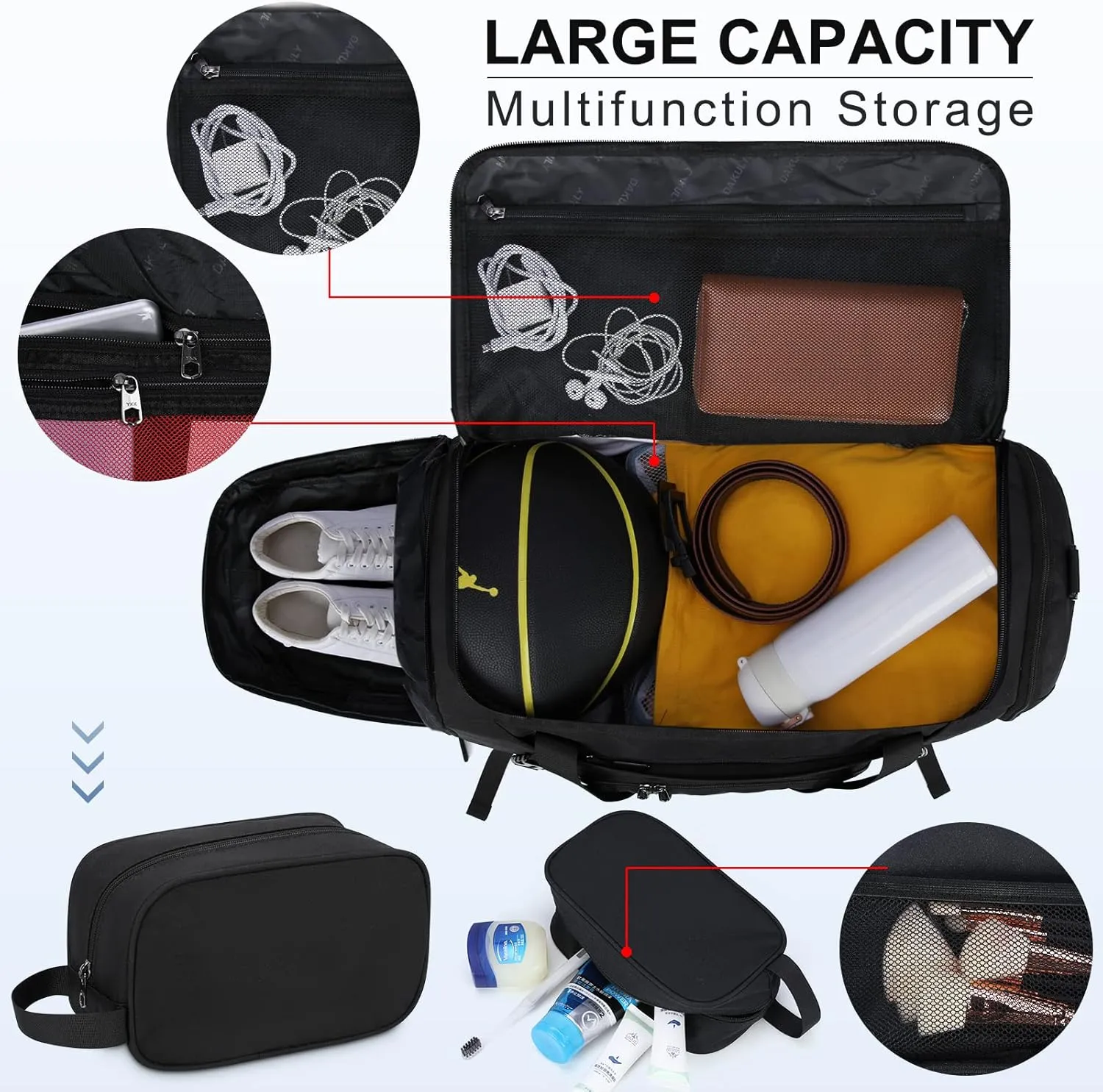 Gym Duffle Bag for Women Men 40L Waterproof Sports Travel Duffel Bags with Shoe Compartment,Wet Pocket Large Weekender Overnight with Toiletry Bag,Black