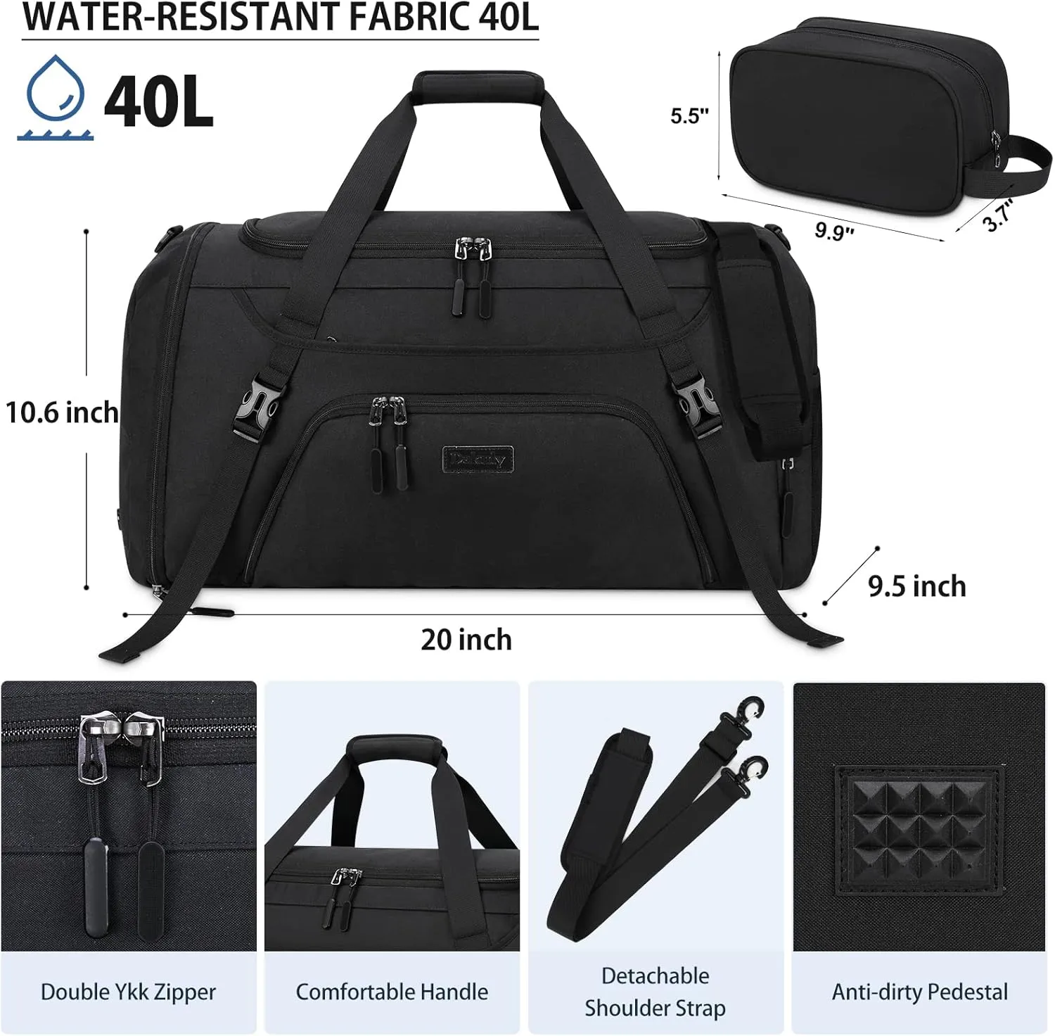 Gym Duffle Bag for Women Men 40L Waterproof Sports Travel Duffel Bags with Shoe Compartment,Wet Pocket Large Weekender Overnight with Toiletry Bag,Black