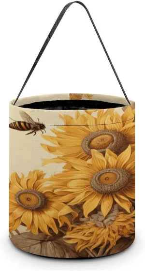 Halloween Handheld Candy Bag Trick Or Treat Bag Bees And Sunflowers on Old Paper Printed Party Gift Bag Candy Handheld Bag Handheld Candy Bucket Multipurpose Portable And Foldable Handheld Bucket