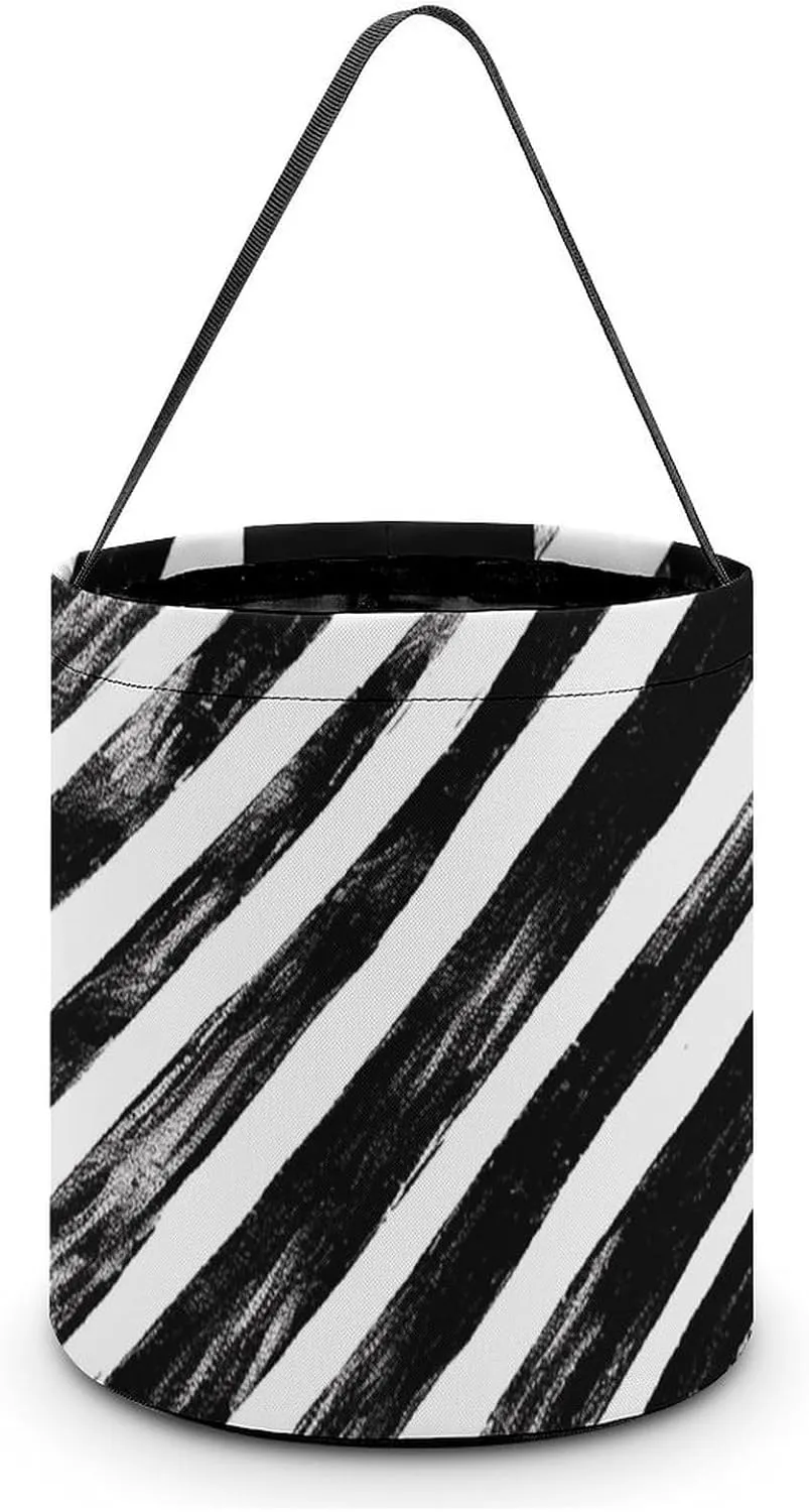 Halloween Handheld Candy Bag Trick Or Treat Bag Black And White Striped Heart Printed Party Gift Bag Candy Handheld Bag Handheld Candy Bucket Multipurpose Portable And Foldable Handheld Bucket