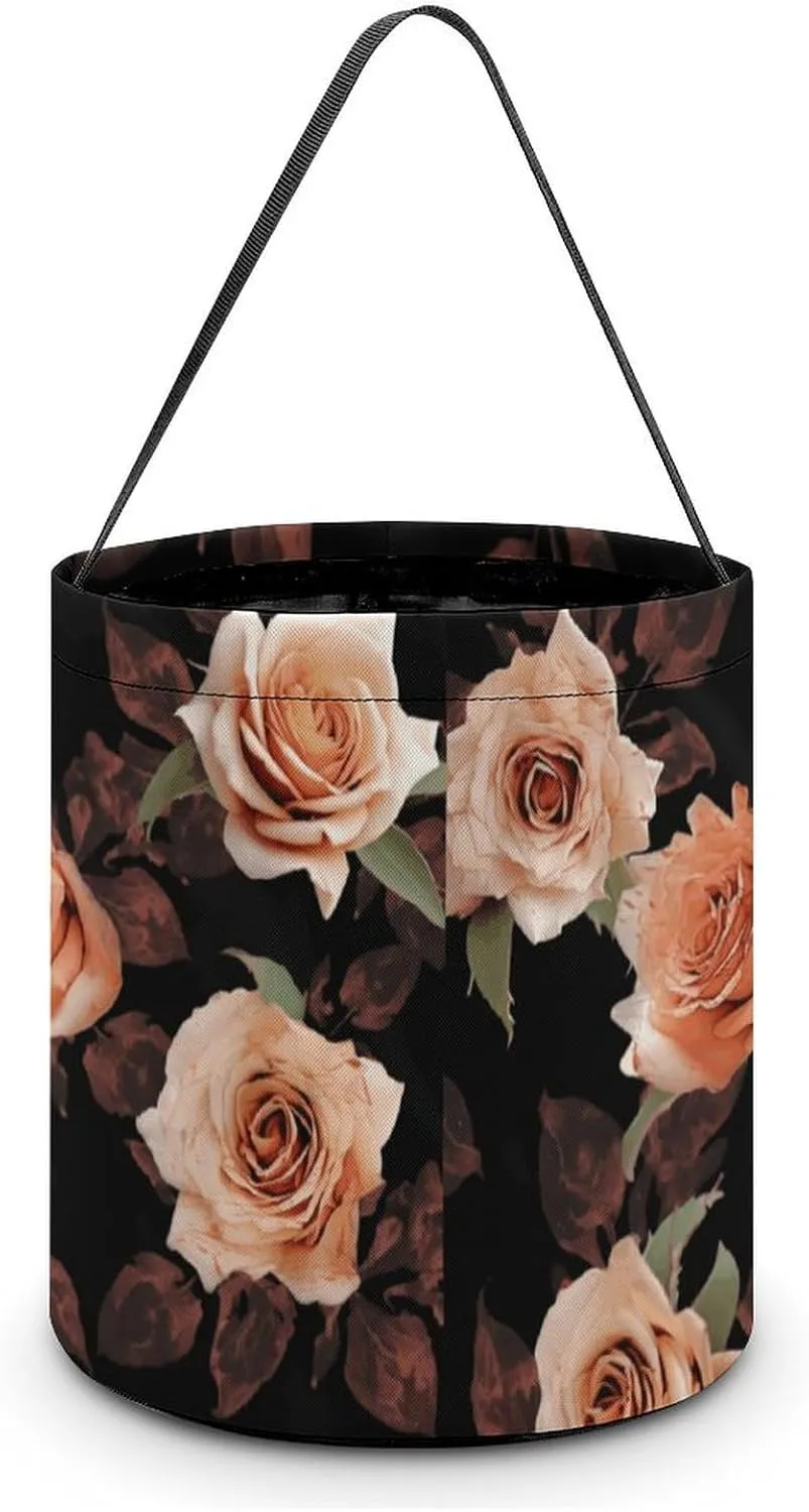 Halloween Handheld Candy Bag Trick Or Treat Bag Black Peach Rose Printed Party Gift Bag Candy Handheld Bag Handheld Candy Bucket Multipurpose Portable And Foldable Handheld Bucket