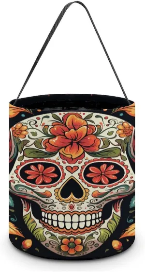 Halloween Handheld Candy Bag Trick Or Treat Bag Colorful Sugar Skull Printed Party Gift Bag Candy Handheld Bag Handheld Candy Bucket Multipurpose Portable And Foldable Handheld Bucket