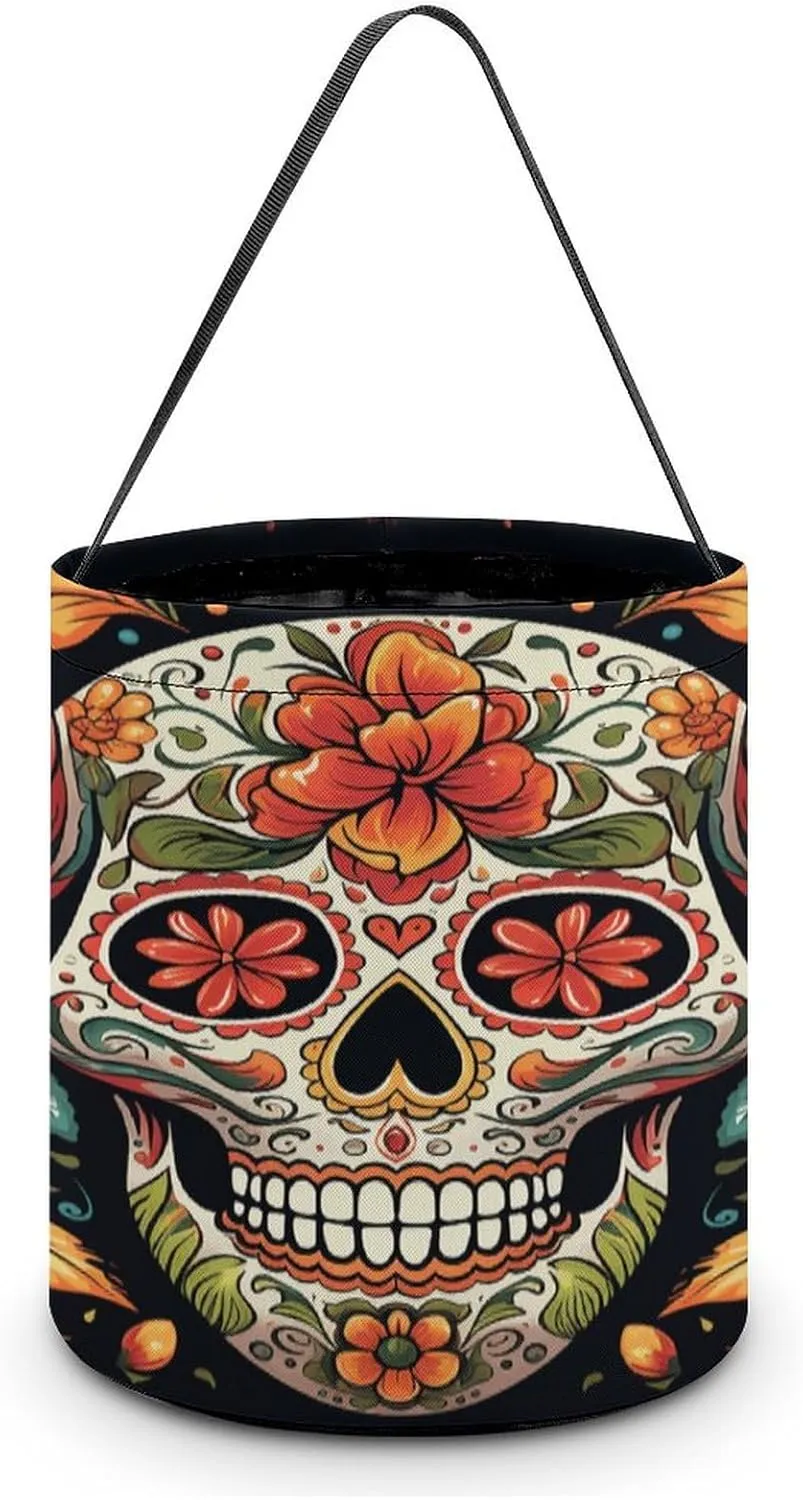 Halloween Handheld Candy Bag Trick Or Treat Bag Colorful Sugar Skull Printed Party Gift Bag Candy Handheld Bag Handheld Candy Bucket Multipurpose Portable And Foldable Handheld Bucket