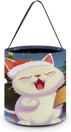 Halloween Handheld Candy Bag Trick Or Treat Bag Cute Cat Sing Christmas Carols Printed Party Gift Bag Candy Handheld Bag Handheld Candy Bucket Multipurpose Portable And Foldable Handheld Bucket