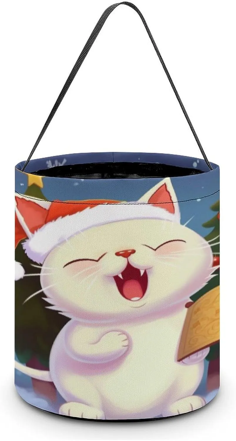 Halloween Handheld Candy Bag Trick Or Treat Bag Cute Cat Sing Christmas Carols Printed Party Gift Bag Candy Handheld Bag Handheld Candy Bucket Multipurpose Portable And Foldable Handheld Bucket