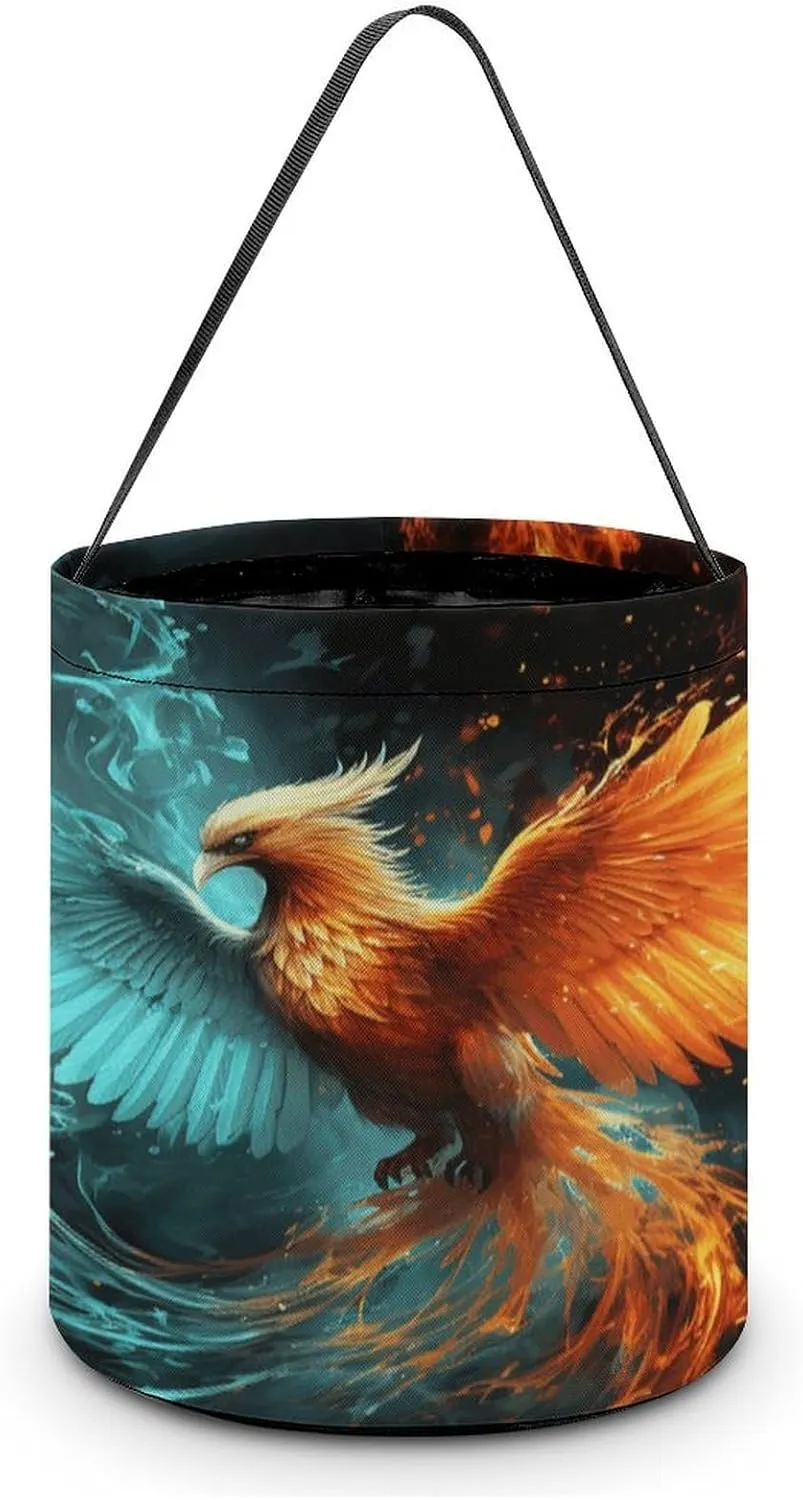 Halloween Handheld Candy Bag Trick Or Treat Bag Fire And Water Phoenix Printed Party Gift Bag Candy Handheld Bag Handheld Candy Bucket Multipurpose Portable And Foldable Handheld Bucket