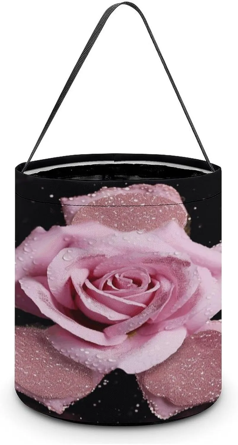Halloween Handheld Candy Bag Trick Or Treat Bag Glitter Pink Rose Printed Party Gift Bag Candy Handheld Bag Handheld Candy Bucket Multipurpose Portable And Foldable Handheld Bucket