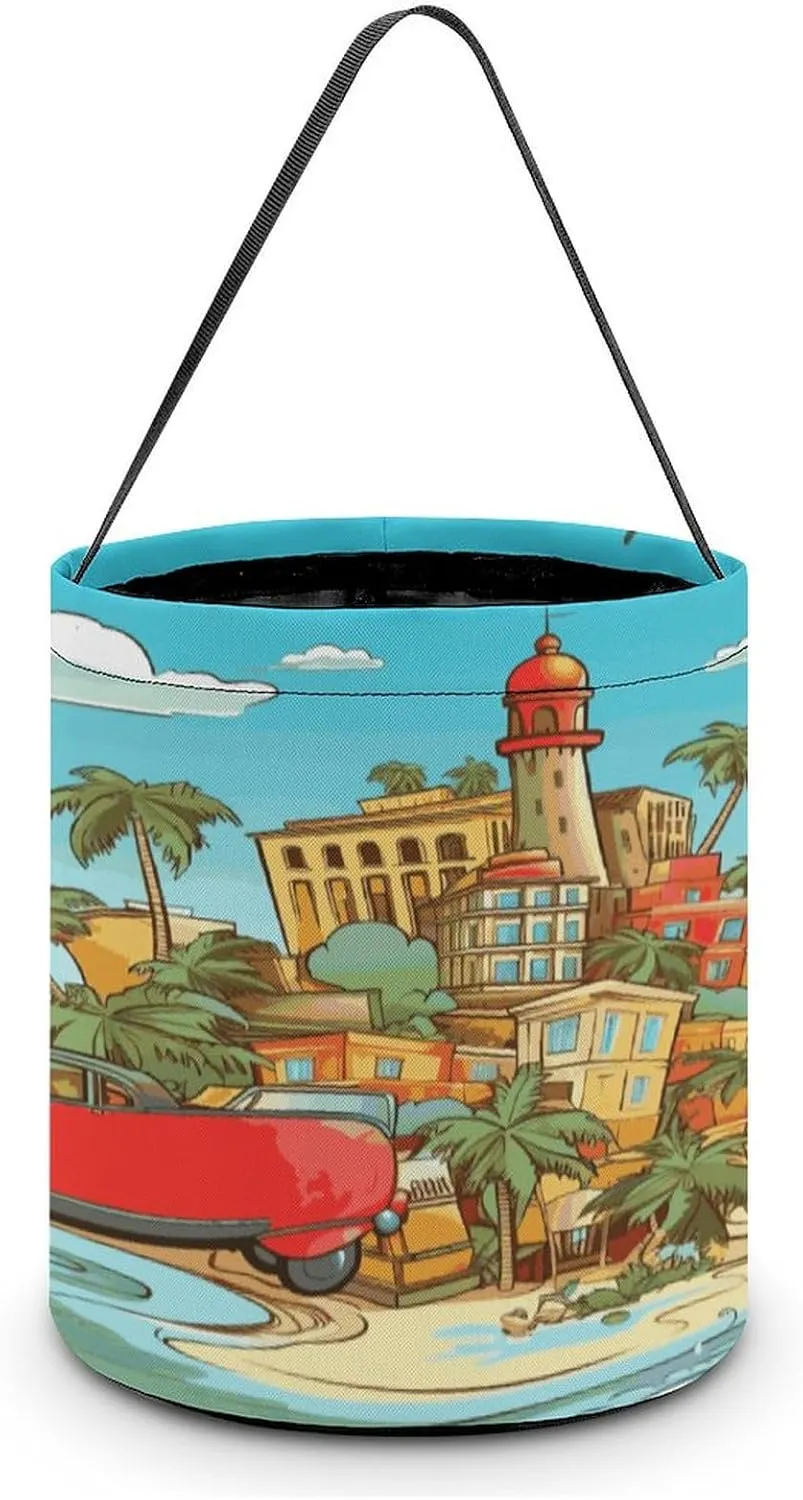 Halloween Handheld Candy Bag Trick Or Treat Bag Island of Cuba Printed Party Gift Bag Candy Handheld Bag Handheld Candy Bucket Multipurpose Portable And Foldable Handheld Bucket