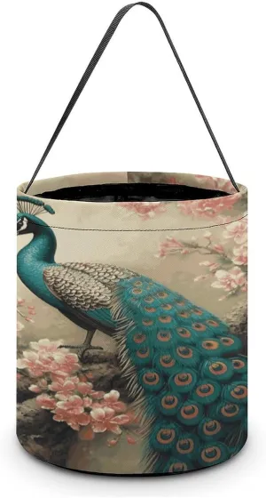 Halloween Handheld Candy Bag Trick Or Treat Bag Oriental Peacock on Flower Tree Printed Party Gift Bag Candy Handheld Bag Handheld Candy Bucket Multipurpose Portable And Foldable Handheld Bucket