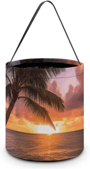 Halloween Handheld Candy Bag Trick Or Treat Bag Palm Tree Sunset Beach Printed Party Gift Bag Candy Handheld Bag Handheld Candy Bucket Multipurpose Portable And Foldable Handheld Bucket