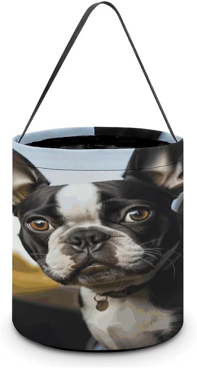 Halloween Handheld Candy Bag Trick Or Treat Bag Puppy Dog Boston Terrier Printed Party Gift Bag Candy Handheld Bag Handheld Candy Bucket Multipurpose Portable And Foldable Handheld Bucket