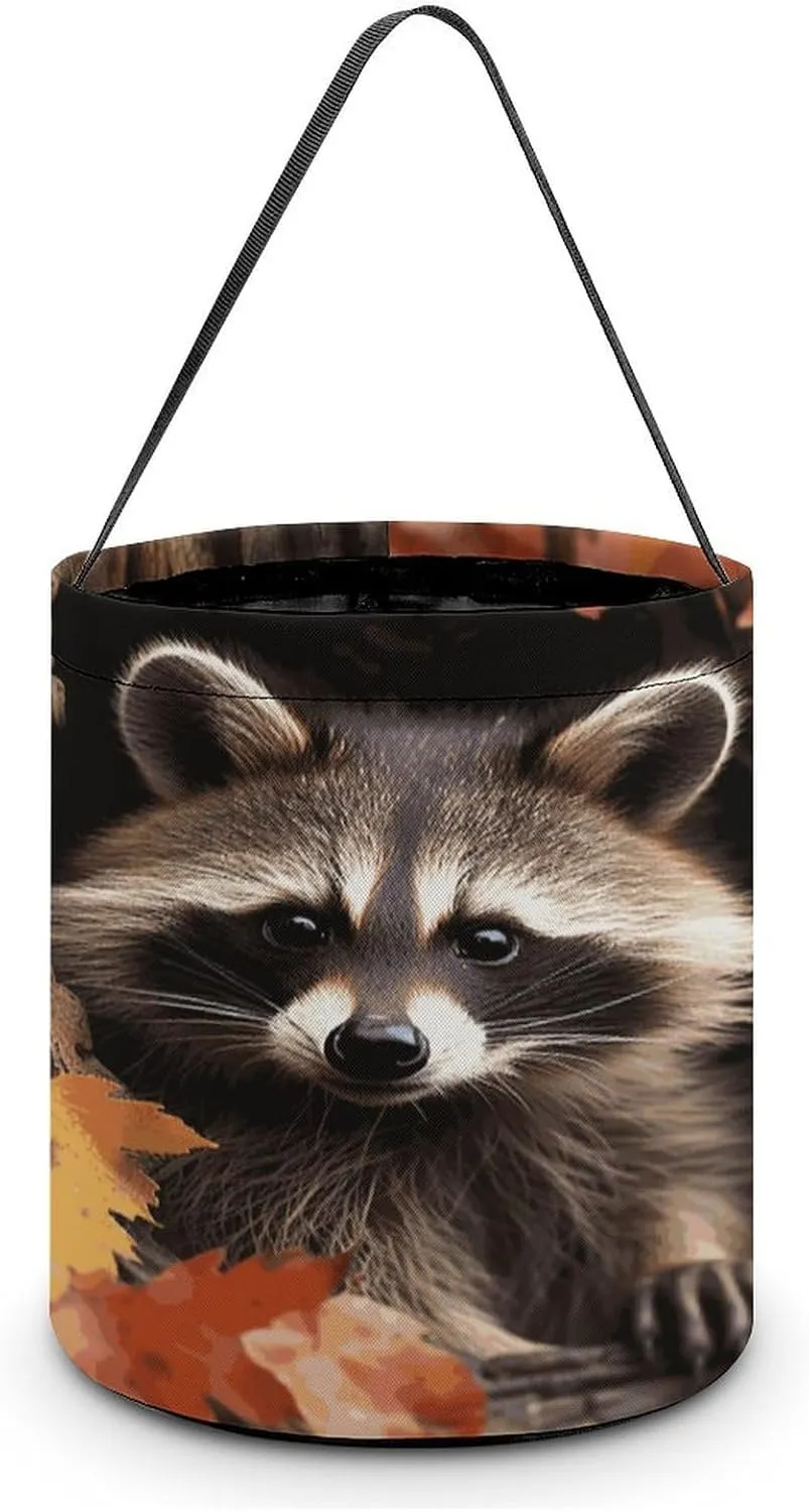 Halloween Handheld Candy Bag Trick Or Treat Bag Raccoon in The Fall Tree Hole Printed Party Gift Bag Candy Handheld Bag Handheld Candy Bucket Multipurpose Portable And Foldable Handheld Bucket