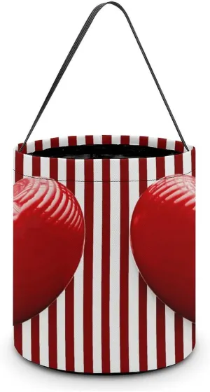 Halloween Handheld Candy Bag Trick Or Treat Bag Red And White Striped Heart Printed Party Gift Bag Candy Handheld Bag Handheld Candy Bucket Multipurpose Portable And Foldable Handheld Bucket