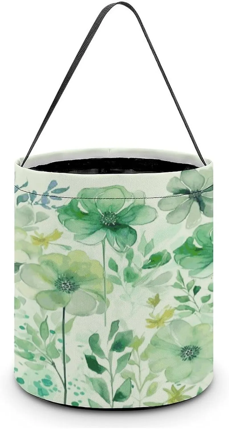 Halloween Handheld Candy Bag Trick Or Treat Bag Watercolor Green Flowers Printed Party Gift Bag Candy Handheld Bag Handheld Candy Bucket Multipurpose Portable And Foldable Handheld Bucket
