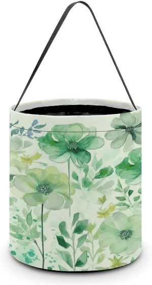 Halloween Handheld Candy Bag Trick Or Treat Bag Watercolor Green Flowers Printed Party Gift Bag Candy Handheld Bag Handheld Candy Bucket Multipurpose Portable And Foldable Handheld Bucket