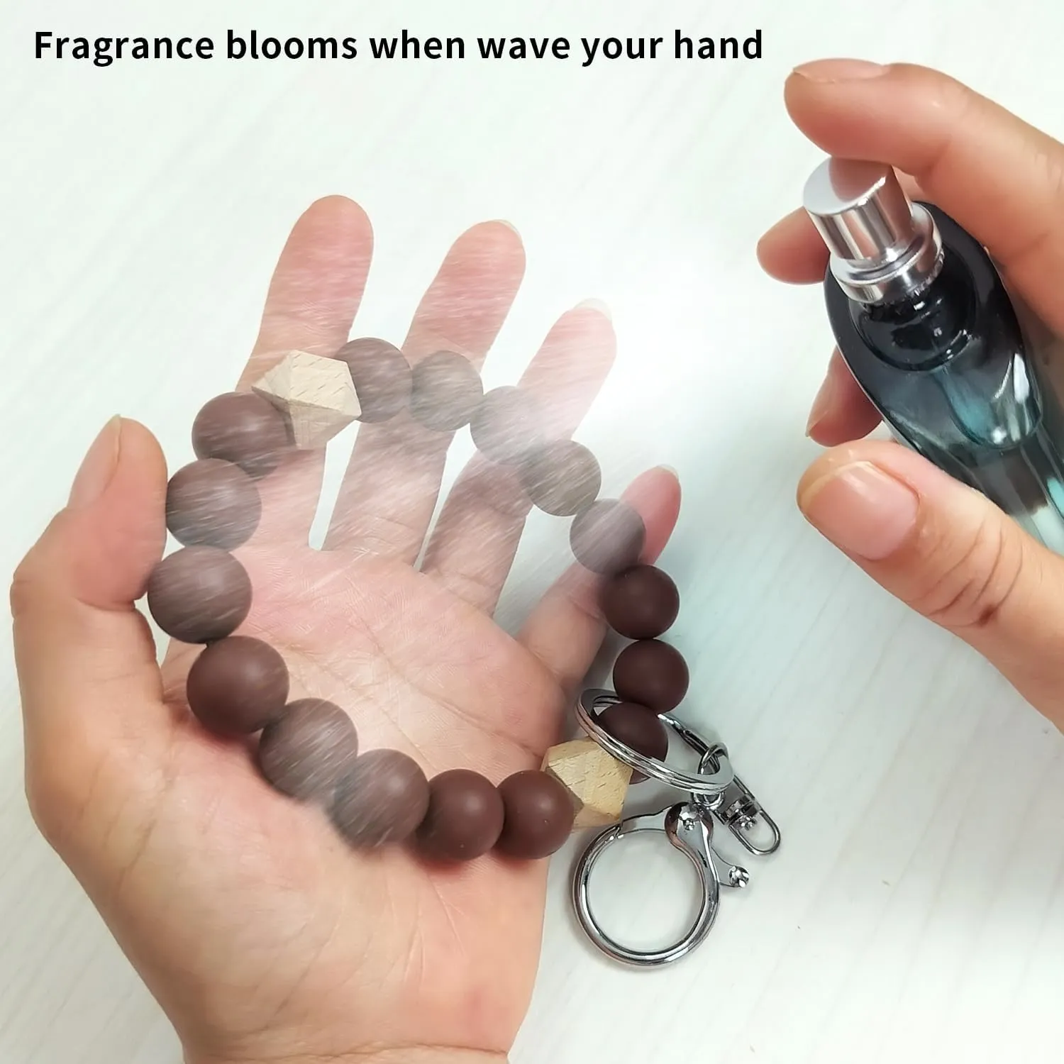Handmade Silicone Wooden Beaded Wristlet Keychain NOT Elastic, Boho Unisex Key Chain with Key Ring