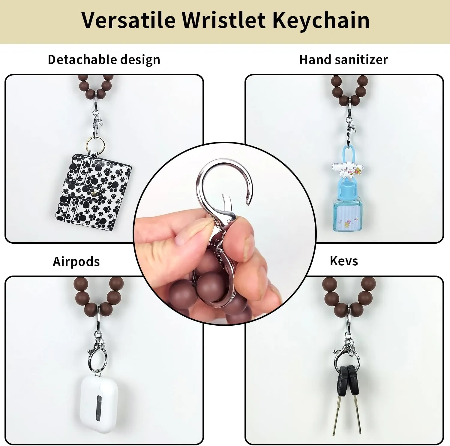 Handmade Silicone Wooden Beaded Wristlet Keychain NOT Elastic, Boho Unisex Key Chain with Key Ring