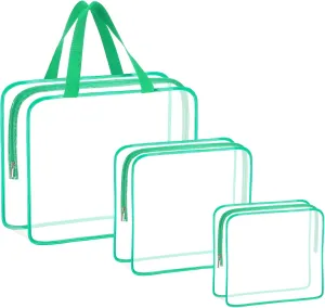 HAOGUAGUA 3 Pieces Large Clear Travel Bags for Toiletries, Waterproof Clear Plastic Cosmetic Makeup Bags, Transparent Packing Organizer Storage Bags (Green)