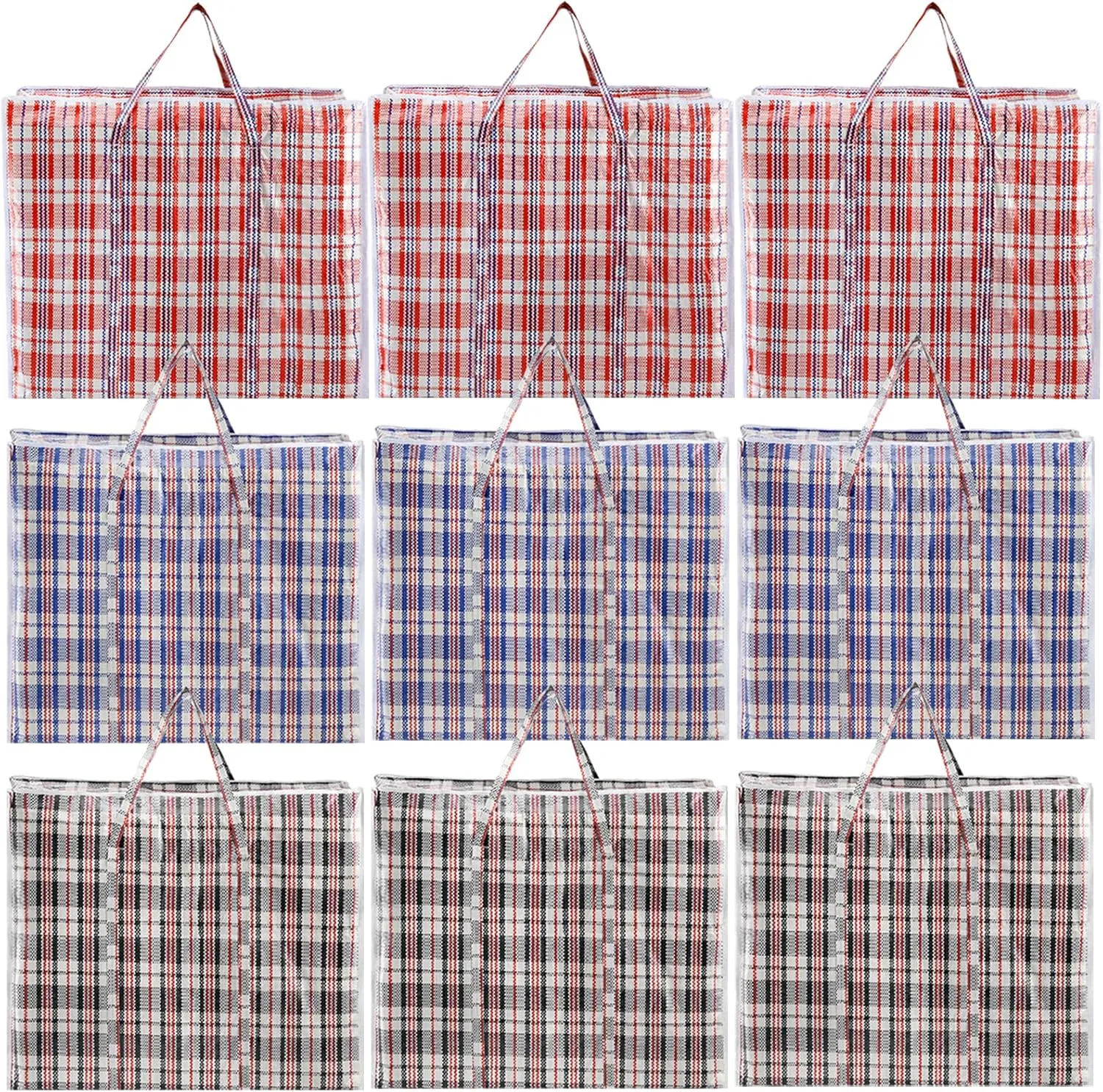 Hiceeden 9 Pack 108L Checkered Moving Storage Bags, Extra Large Travel Plaid Bag Alternative to Moving Boxes, Dorm Laundry Tote Organizer with Zipper and Handle for Clothes, Bedding, Red/Blue/Black